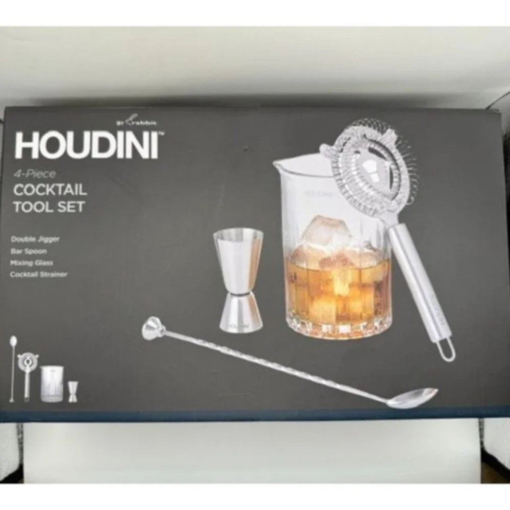 Houdini 4 Piece Cocktail Tool Set Mixing Glass Jigger Strainer Bar Spoon NEW